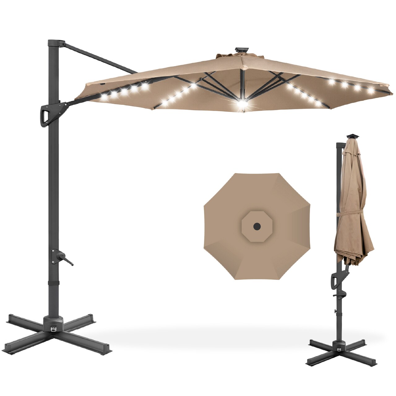 Best Choice Products 10ft 360-Degree Solar LED Lit Cantilever Patio Umbrella, Outdoor Hanging Shade